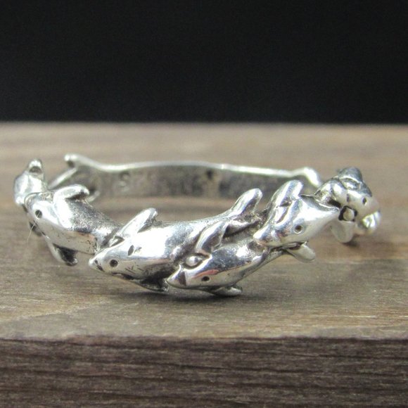 Jewelry - Size 6.75 Sterling Silver Swimming Dolphins Band Ring Vintage
